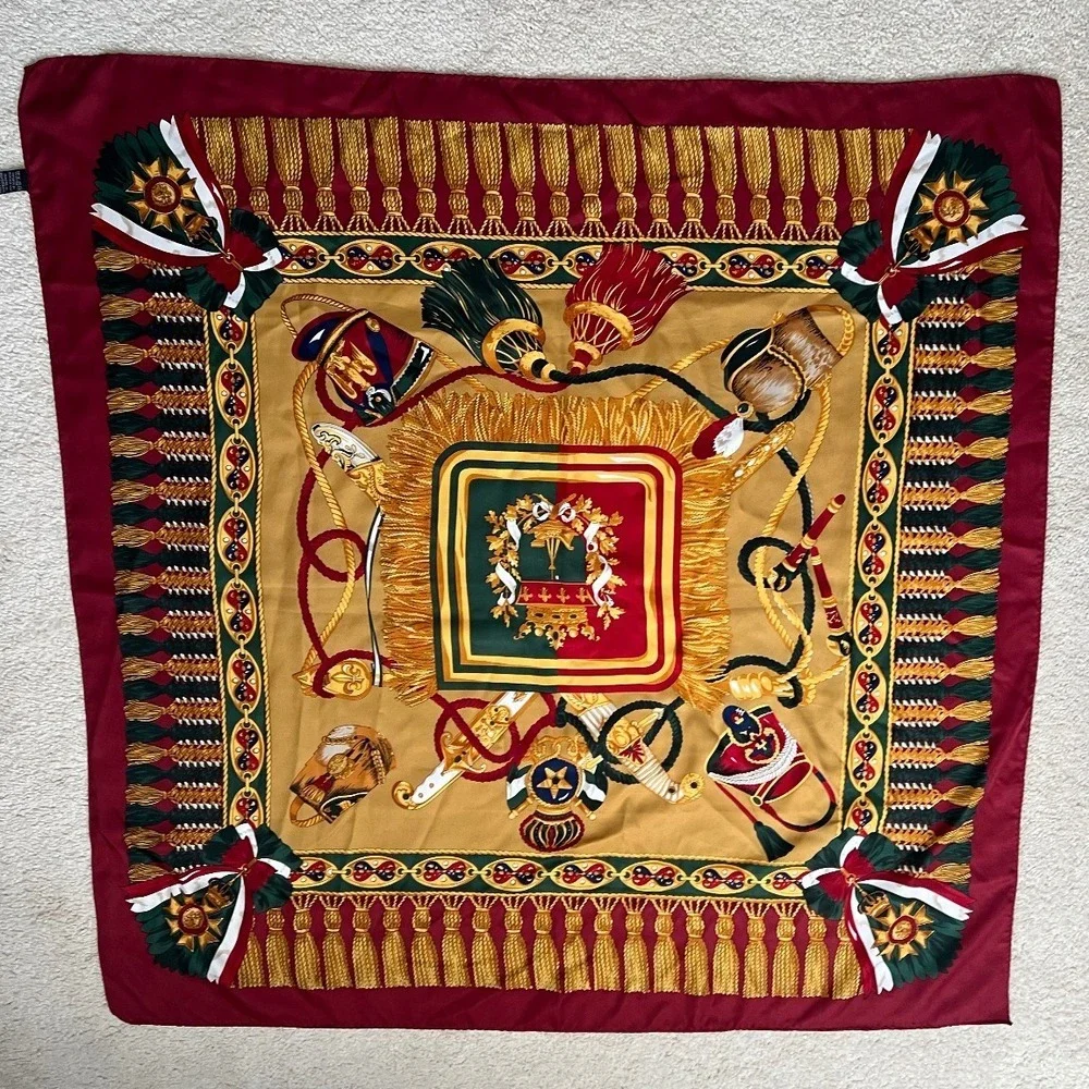 Scarf Square Tassels Medallion‎ Print Burgundy Gold